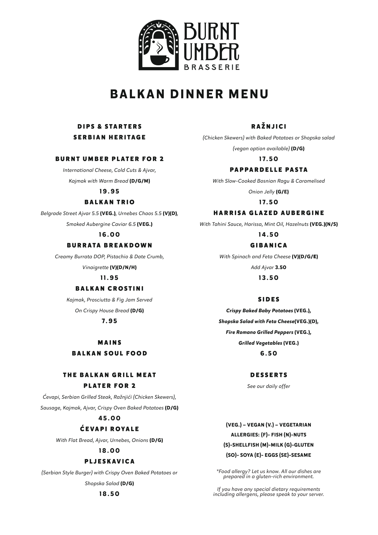 Burnt Umber Brasserie Menu: Balkan Dinner Menu Page 1